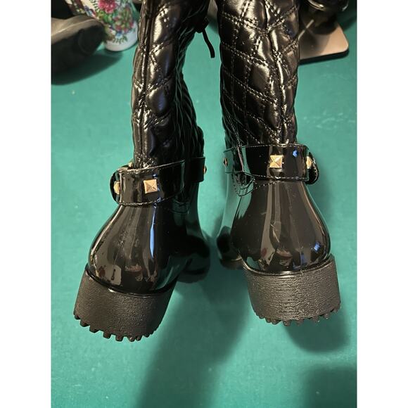 Alexis Leroy Black Quilted Rain Boots Women’s 39 US 8 Stud Buckle Mid-Calf - Picture 4 of 7